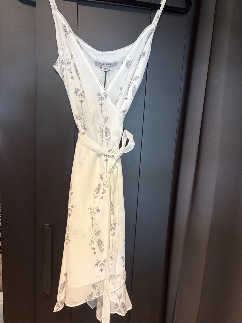 AllSaints white and gray Subtle Floral Wrap Dress size 6, NWT